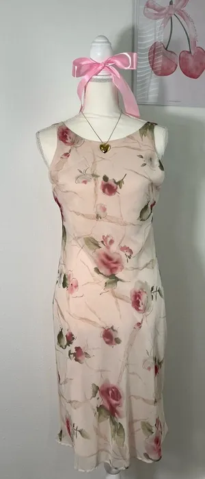 Maurices Deadstock Floral Cream‎ Rose Vintage Y2K Midi Dress Womens Medium thumbnail 1