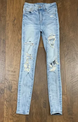 American Eagle Luxe Stretch Hi-Rise Distressed/Ripped Light Wash Jegging Jeans thumbnail 1