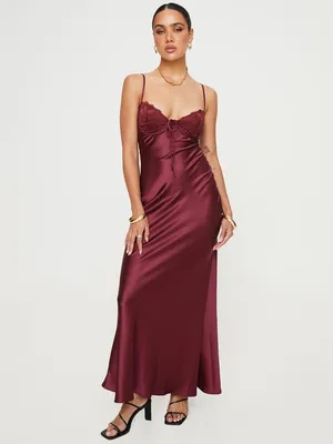 Princess Polly Fadyen Bias Cut Maxi Dress Burgundy Satin Lace Bust XS 2 New NWT thumbnail 3