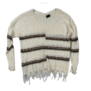 Daytrip Boho Fringe Sweater Cream Striped Distressed‎ Hem Knit Top M/L thumbnail 2