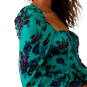 Free People Hilary Floral Printed Low Square Back Top Teal M thumbnail 6