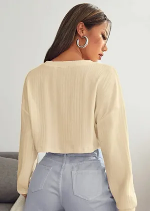 SheIn - Beige V-neck Drop Shoulder Rib-knit Crop Tee thumbnail 2