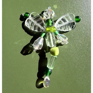 Vintage Beaded Dragonfly Brooch Green Clear Crystal Glass Pin 2.5” thumbnail 2