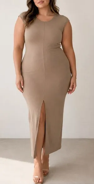 Modern Citizen Knit Tan V-Back Cutout Bodycon Minimalist Chic Midi Dress thumbnail 1