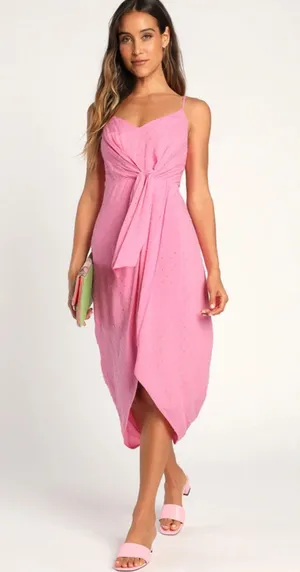 Lulus Made To Be Memorable Pink Swiss Dot Tie Front Tulip Midi Dress thumbnail 3