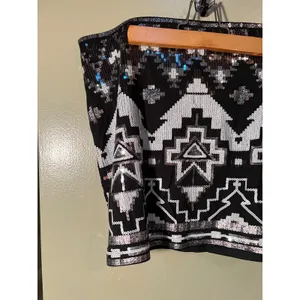 Express Women's Size Large Mini Skirt Black Silver White Sequins Aztec Pull On thumbnail 3