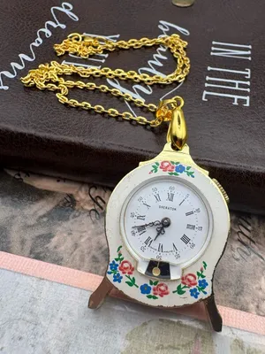 Vintage Sheraton Clock Pendant Necklace Floral Cottagecore Whimsigoth Gold Tone thumbnail 1