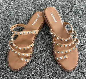 Cushionare Tonya Slide Sandals Womens 9.5 Tan/Camel Studded Triple Strap thumbnail 1