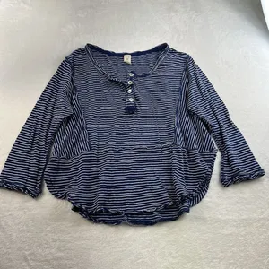 We The Free People S Small Hong Kong Henley Top Navy Striped Raw Hem Boho Beachy thumbnail 4