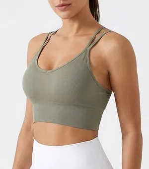 Sage Green Ribbed Seamless Strappy Back Sports Bra Yoga Crop Top XL thumbnail 1