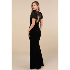 NWT Lulus Alluring Event Black Velvet Lace Puff Sleeve Maxi Dress Banquet Gala L thumbnail 3