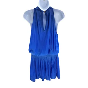 Ramy Brook Paris Sleeveless Mini Dress L Large Blue Smocked Blouson High‎ Neck thumbnail 3