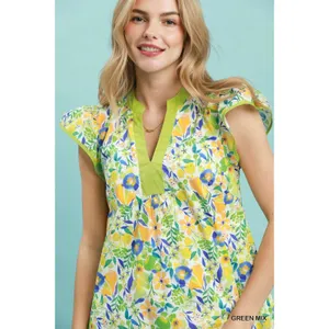 Umgee Floral Flutter Sleeve Tiered Mini Dress - Green Mix - Medium thumbnail 4