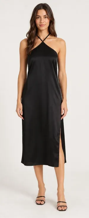 Alamour The Label Black Satin Halter Midi Slip Dress High Slit Size S thumbnail 1