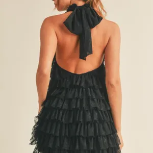 Floral print lace high neck halter ruffle tiered frill mini dress thumbnail 4
