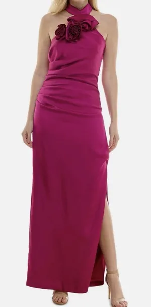 NWT Taylor Women's Rosette Halter Neck Dress W/Tie Back - Size 16- Magenta thumbnail 1
