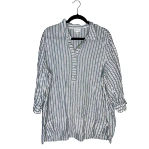 J. Jill Love Linen Tunic Women XL Blue White Striped Henley 100% Linen Excellent thumbnail 2
