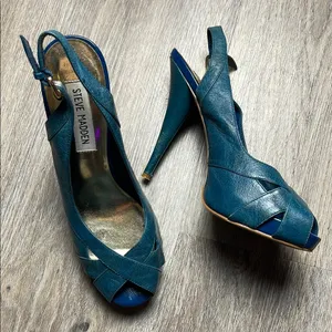 Steve Madden Leather Marlene Teal Peep Toe Heels thumbnail 2