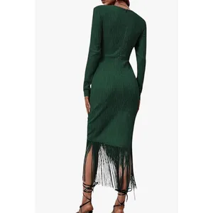 Women's Fringe Wrap Ruched V Neck Long Sleeve Solid Bodycon Party Maxi Dress siz thumbnail 2