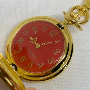 JOY & IMAN Pocket Watch Quartz Clip On Purse Fob Gold Tone red dial 46mm running thumbnail 2