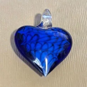 Hand-Blown blue Glass Heart Pendant Floral Swirl Designs pop of color 90s vibe thumbnail 1