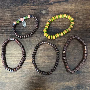 Boho Green and Brown Layered Beaded Bracelet with Leaf Charm thumbnail 3