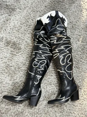 Women's Black & White Cowboy Western Boots Knee High Embroidered Block Size 6 thumbnail 1