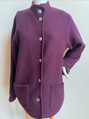 L.L. Bean Plum Button-Front Wool pea coat thick sweater jacket decorative button thumbnail 1