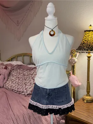 Y2K Terrycloth Light Blue Halter V-Neck Women's Tank Top thumbnail 4