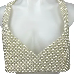 Pearl Chain Beaded Women's White V Neck Sleeveless Cami Crop Top Size S / M thumbnail 8