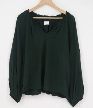Old Navy Womens XL Dark Green Peasant Blouse Balloon Sleeve V-Neck Rayon Top thumbnail 1
