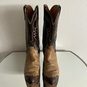 Vintage Brown Tan Leather Western Festival Wingtip Mid Calf Heeled Cowboy Boots thumbnail 10