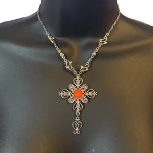 Silver tone Victorian gemstone cross necklace thumbnail 1