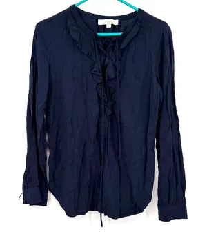 Loft size small long sleeve blouse dark blue ruffle and‎ lace up neckline thumbnail 1