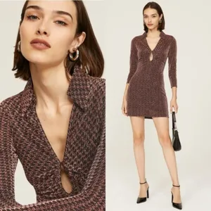 ASTR Nia Metallic Houndstooth Mini Dress XS Copper Black Vneck Jersey Stretch thumbnail 2