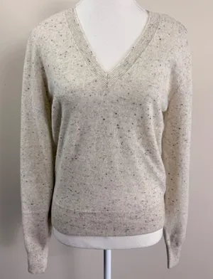 Ann Taylor Womens 100% Cashmere V-Neck Sweater Cream Speckled Donegal Medium thumbnail 1