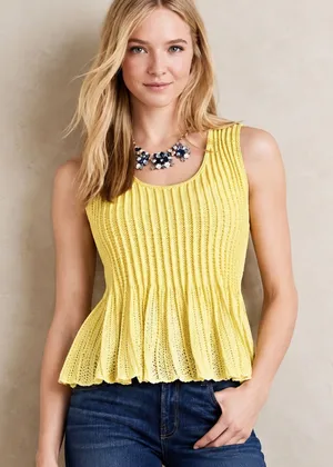 Anthropologie Moth Yellow White Ribbed Pointelle Peplum Knit Tank Top Medium thumbnail 1