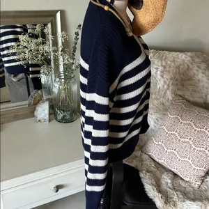 Gap shaker stitch Classic cotton navy white stripe nautical cardigan sweater M thumbnail 8