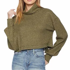 Free People Army Green Waffle Knit Cropped Mockneck BK Top Shirt size Large thumbnail 3