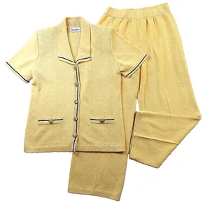 Vintage Gondine USA Knit Pantsuit Set Cardigan Wide Leg Pants Women's thumbnail 1