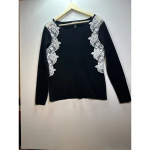 INC International Concepts Black Floral Lace Crochet Long Sleeve Sweater Large thumbnail 5