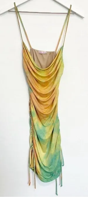 Tie Dye Dress Size S Rainbow Ruched Side Tie Adjustable Bodycon Mini‎ Gown Disco thumbnail 1