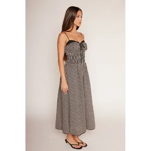 NIA Black Tan Gingham Smocked Midi Thomas Dress Lace Trim Pockets Womens Medium thumbnail 9