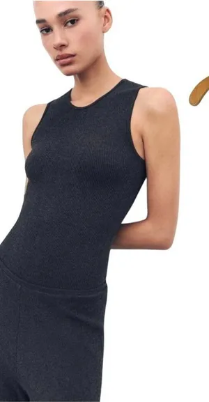 Zara Bodysuit Women Small Black Crew Neck Sleeveless‎ Snap Closure Gothic thumbnail 1
