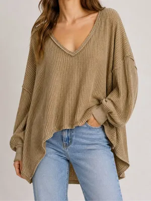 We The Free Free People XS Brown Waffle Knit Oversized V Neck Thermal Top thumbnail 1