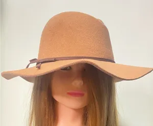 Womens Tan Felt Wide Brim Hat with Brown Ribbon Bow‎ One Size Fits Most thumbnail 1