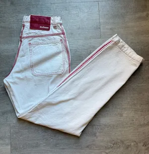 Madhappy Mid Rise Straight Leg 5 Pocket Off-White Jeans Red Stitching Size S thumbnail 1