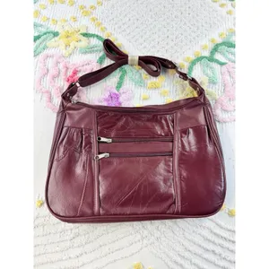Burgundy Patchwork Leather Multi Pocket Crossbody Shoulder Bag Wine‎ Red thumbnail 2