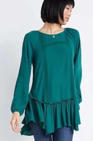 Maurices Tunic Blouse Medium Green Crochet Lace Peplum Ruffle Long Sleeve Boho thumbnail 1