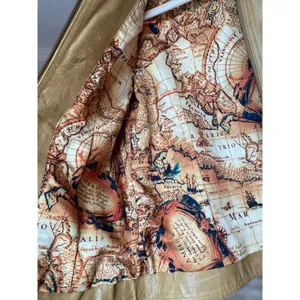 Ruff‎ Hewn Camel Leather Jacket Moto World Map-Lined Traveler Parisian Scandi thumbnail 5